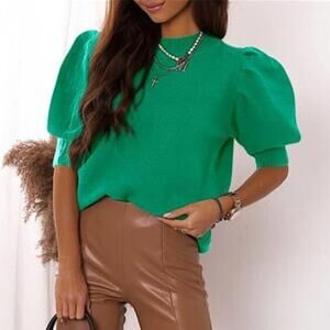 Women's Puff Short Sleeve Sweater Tops Trendy Knit Crew Neck Green S-M-L-XL